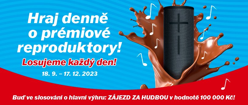 banner s textem:  hraj denně o prémiové reproduktory, losujeme každý den! 18.9.-17.12.2023 