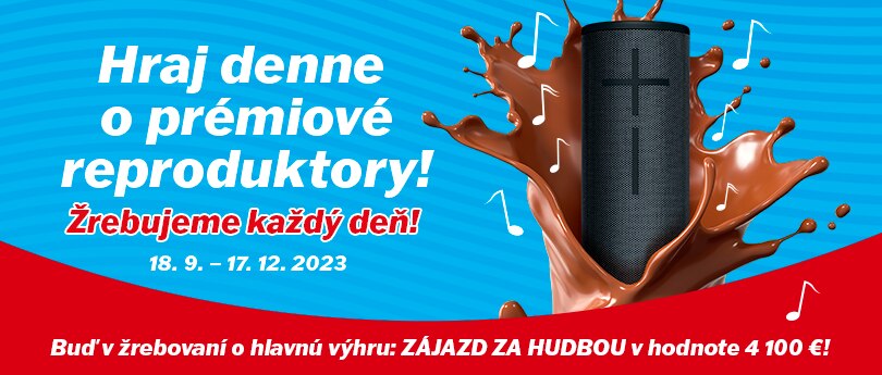 banner s textem:  hraj denne o prémiové reproduktory, žrebujeme každý deň! 18.9.-17.12.2023 