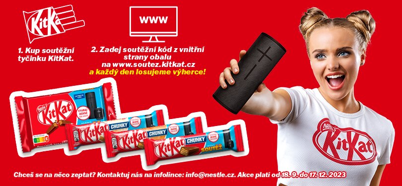 banner s textem: 1. kup soutežní tyčinku 2. zadej kód z obálky na soutez.kitkat.cz, výherce losujeme každý den