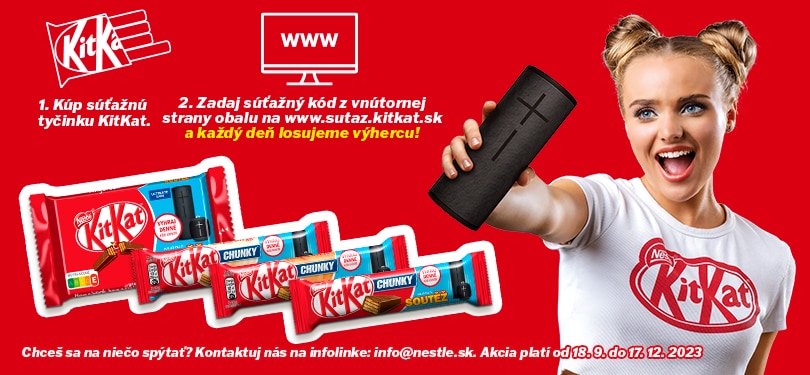 banner s textem: 1. kup súťažnú tyčinku 2. zadaj kód z obálu na sutaz.kitkat.sk, každý deň losujeme výhercu